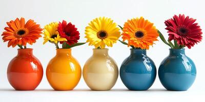 Five colorful gerberas in round vases creating a cheerful atmosphere photo