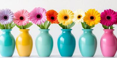 Colorful gerbera daisies in bright vases creating a cheerful atmosphere photo