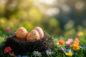 Easter eggs nest resting on grass with colorful flowers during a sunny spring day photo