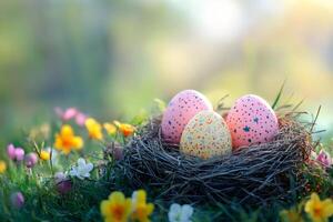 Easter eggs nest resting on grass with colorful flowers during spring photo