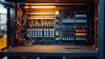 Electrical cabinet showing complex wiring and components illuminated by warm light photo