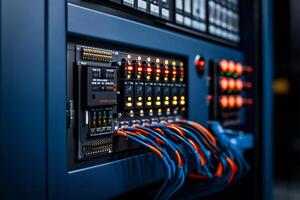 Network server panel showing blinking lights and connected cables in a data center photo