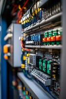 Electrical cabinet showing colorful wires and components in shallow depth of field photo
