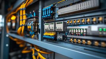 Electrical cabinet showing automation controller, network switch and cables photo