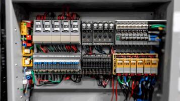 Electrical cabinet showing fuses, relays, and wiring connecting to various components photo