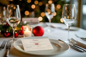 Christmas dinner menu on elegant restaurant table setting with bokeh lights photo