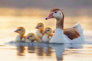 Mother duck swimming with ducklings at sunset photo