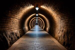 Long brick tunnel with cobblestone path and lights illuminating the way photo