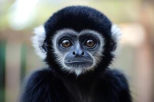 Young pileated gibbon showing its beautiful face and big eyes photo
