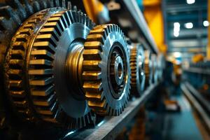 Gears rotating smoothly in a large industrial factory machine photo
