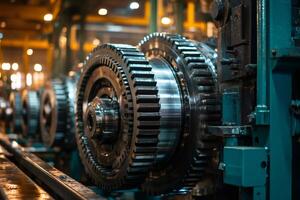 Large industrial gears rotating in a factory setting... photo
