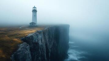 Lonely lighthouse guiding ships through dense fog on a dramatic cliff photo