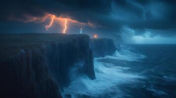 Neist point lighthouse during storm with lightning striking down from dark clouds photo