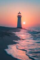 Lighthouse illuminating the coastline at sunset with ocean waves crashing on the shore photo