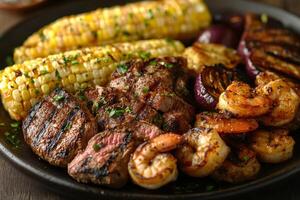 Grilled steak and shrimp with corn on the cob and grilled vegetables photo
