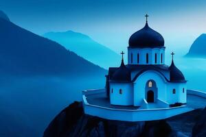 Orthodox church perched on mountain peak at twilight, embracing serenity and spirituality photo