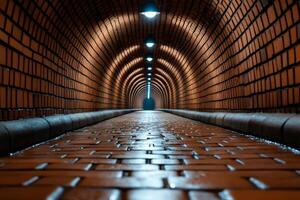 Brick tunnel floor extending into darkness with lights receding into distance photo