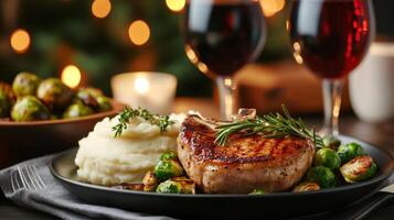Grilled pork chops with roasted brussel sprouts and mashed potatoes being served with red wine for christmas dinner photo