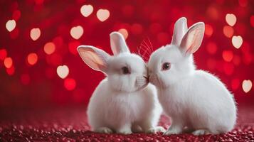 Two white bunnies showing affection on valentine's day with red heart background photo