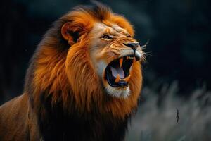 Majestic lion roaring showing its teeth and mane in the wild photo