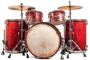 Red drum set isolated on white background ready for playing photo