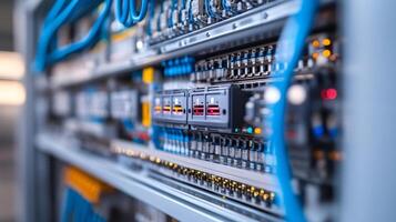 Network server rack with flashing lights storing big data and processing digital information photo