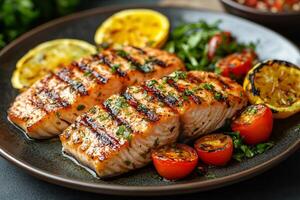 Grilled salmon fillets with roasted lemon slices and cherry tomatoes photo
