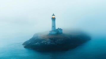 Lighthouse guiding ships through dense fog on a rocky island photo