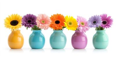Colorful gerberas and sunflower standing in small vases on white background photo