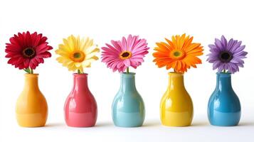 Colorful gerber daisies in matching vases on white background photo