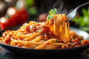 Fork lifting steaming hot spaghetti with tomato sauce and basil garnish photo