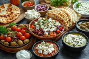 Variety of middle eastern dips, salads, and pita bread creating a vibrant mezze platter photo