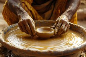 Potter creating small bowl on pottery wheel using traditional techniques photo