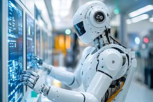 Advanced humanoid robot working with data on control panel in technological laboratory photo