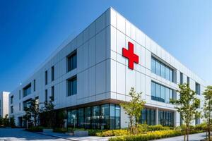 Modern hospital building with red cross symbol on facade on sunny day.. photo