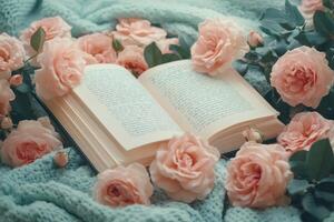 Open book lying on knitted plaid with pink roses around photo
