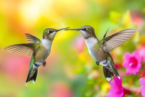 Two ruby throated hummingbirds hovering and facing each other in garden photo