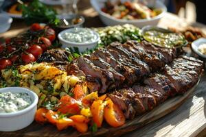 Sliced grilled beef with roasted potatoes, tomatoes, and peppers on wooden platter photo