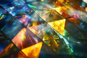 Colorful crystal triangles creating a kaleidoscope effect with light and shadow photo