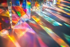 Light refraction creating colorful spectrum through crystal prisms photo