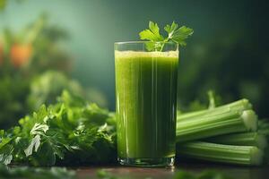 Glass of fresh celery juice with celery stalks on wooden table photo