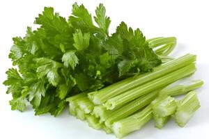Fresh celery stalks with leaves resting on white background photo