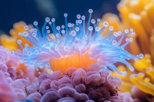 Fluorescent coral polyp glowing underwater on a reef photo
