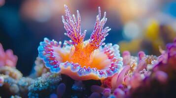 Colorful nudibranch showing its rhinophores and gills in the coral reef photo