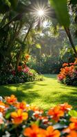 Sun shining through palm trees in beautiful tropical garden photo