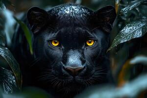 Black panther hiding in the jungle showing its intense gaze photo