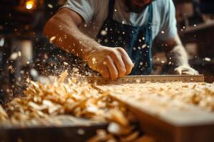 Carpenter using ruler and wood shavings exploding everywhere in workshop photo