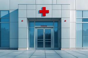 Modern hospital building entrance with red cross symbol displaying healthcare services photo