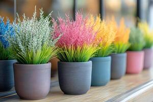 Colorful artificial plants adding vibrancy to modern cafe decor photo
