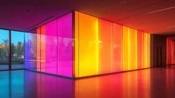 Modern architecture showcasing vibrant multicolored glass panels in empty hallway photo